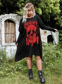 ROMWE PUNK Đầm Plus Size Bất đối xứng Lá thư Đồ họa Giải trí - màu đen - Xem 1