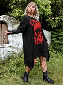 ROMWE PUNK Đầm Plus Size Bất đối xứng Lá thư Đồ họa Giải trí - màu đen - Xem 3