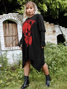 ROMWE PUNK Đầm Plus Size Bất đối xứng Lá thư Đồ họa Giải trí - màu đen - Xem 5