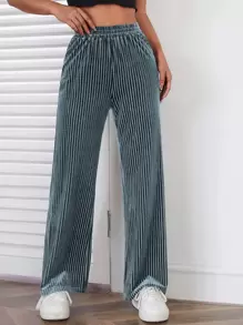 SHEIN PETITE Pantalones de pierna ancha de canalé de terciopelo - Agua verde azul - Ver 1