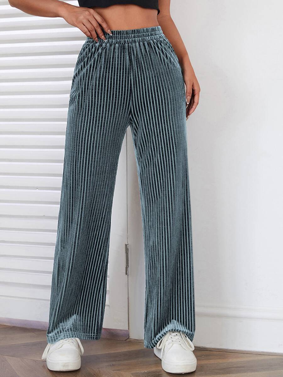 SHEIN PETITE Pantalones de pierna ancha de canalé de terciopelo - Agua verde azul - Ver 1