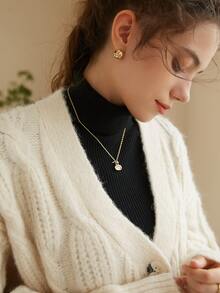 Knit Mix Cárdigan suelto de ganchillo con cuello en V para mujer (patrón de cable aleatorio) - Beis - Ver 7