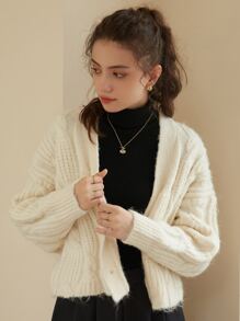 Knit Mix Cárdigan suelto de ganchillo con cuello en V para mujer (patrón de cable aleatorio) - Beis - Ver 1