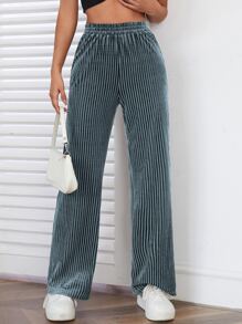 SHEIN PETITE Pantalones de pierna ancha de canalé de terciopelo - Agua verde azul - Ver 3