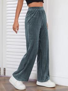 SHEIN PETITE Pantalones de pierna ancha de canalé de terciopelo - Agua verde azul - Ver 4