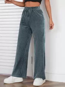 SHEIN PETITE Pantalones de pierna ancha de canalé de terciopelo - Agua verde azul - Ver 5