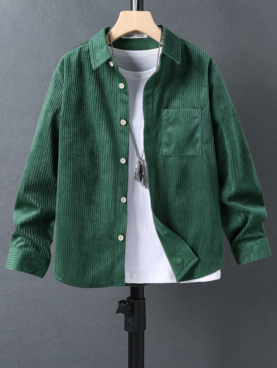 SHEIN Tween Boy Pocket Patched Shirt Without Tee - Dark Green - View 1