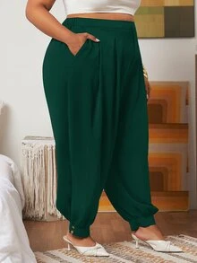 SHEIN CURVE+ Plus Slant Pocket Carrot Trousers - Dark Green - View 3