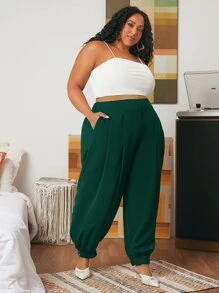 SHEIN CURVE+ Plus Slant Pocket Carrot Trousers - Dark Green - View 1