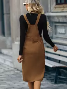 SHEIN Clasi Slit Front Corduroy Pinafore Dress Without Jumper - Brown - View 2