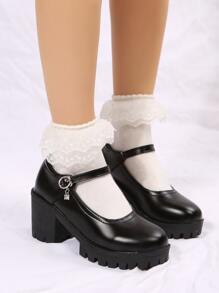 秋冬新款时尚象牙色圆头厚底粗跟女式高跟鞋，优雅玛丽珍鞋