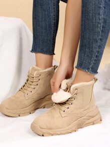 前綁帶仿麂皮毛絨內襯雪地靴 - 卡其色 - 查看 1