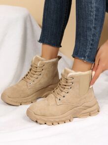 前綁帶仿麂皮毛絨內襯雪地靴 - 卡其色 - 查看 2