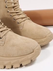 前綁帶仿麂皮毛絨內襯雪地靴 - 卡其色 - 查看 3