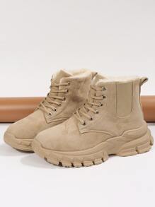 前綁帶仿麂皮毛絨內襯雪地靴 - 卡其色 - 查看 4