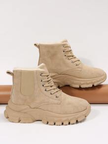 前綁帶仿麂皮毛絨內襯雪地靴 - 卡其色 - 查看 5