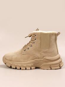 前綁帶仿麂皮毛絨內襯雪地靴 - 卡其色 - 查看 6