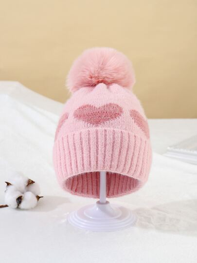 1 pieza Gorro de bebé niño o niña con pompón, gorro de punto cálido y acogedor con corazón lindo para bebés recién nacidos y niños pequeños, accesorio de invierno