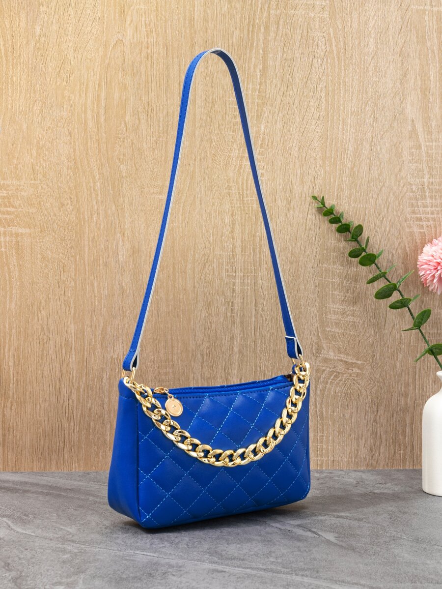 迷你幾何格紋衍縫鏈條裝飾法棍包 - 寶藍色 - 查看 1