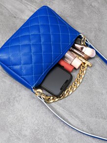 迷你幾何格紋衍縫鏈條裝飾法棍包 - 寶藍色 - 查看 3