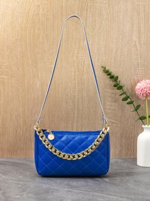 迷你幾何格紋衍縫鏈條裝飾法棍包 - 寶藍色 - 查看 4