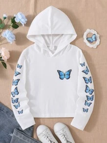 青少女蝴蝶印花帶帽t恤 - 白色 - 查看 1