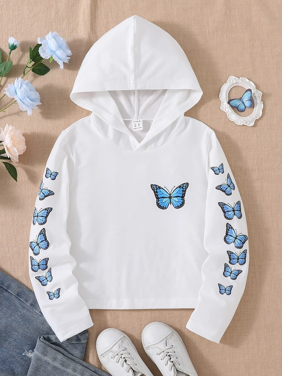 青少女蝴蝶印花帶帽t恤 - 白色 - 查看 1