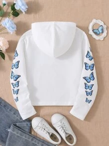 青少女蝴蝶印花帶帽t恤 - 白色 - 查看 2