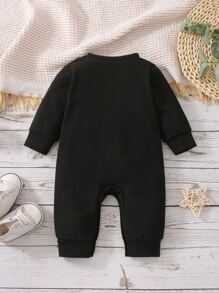 Baby Boy Bear & Letter Embroidery Jumpsuit - Black - View 2