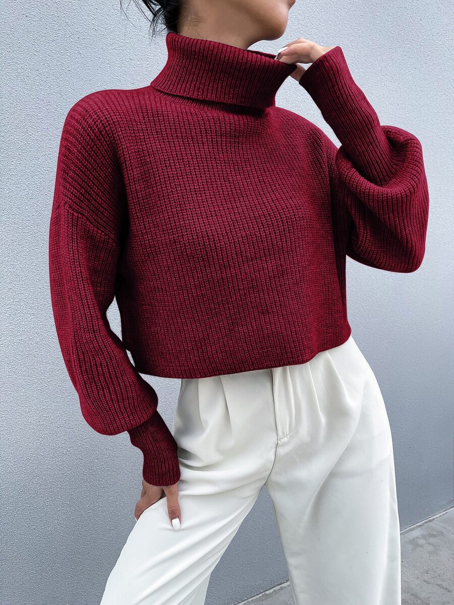 SHEIN Essnce Solid High Neck Drop Shoulder Crop Jumper - Burgundy - View 1