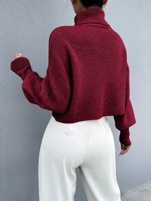 SHEIN Essnce Solid High Neck Drop Shoulder Crop Jumper - Burgundy - View 2