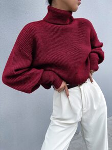 SHEIN Essnce Solid High Neck Drop Shoulder Crop Jumper - Burgundy - View 4