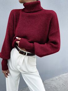 SHEIN Essnce Solid High Neck Drop Shoulder Crop Jumper - Burgundy - View 5