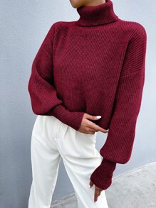 SHEIN Essnce Solid High Neck Drop Shoulder Crop Jumper - Burgundy - View 6