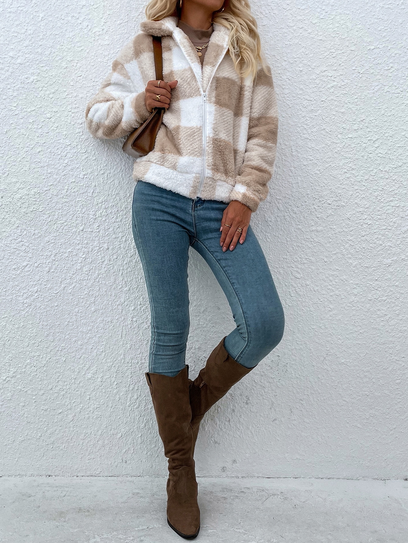 SHEIN LUNE Gingham Zip Up Flannel Jacket SHEIN UK