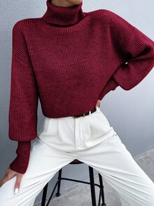 SHEIN Essnce Solid High Neck Drop Shoulder Crop Jumper - Burgundy - View 7