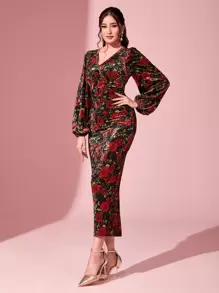 Modelyn Floral Print Lantern Sleeve Split Back Velvet Dress Long Evening Dresses - Multicolor - View 1