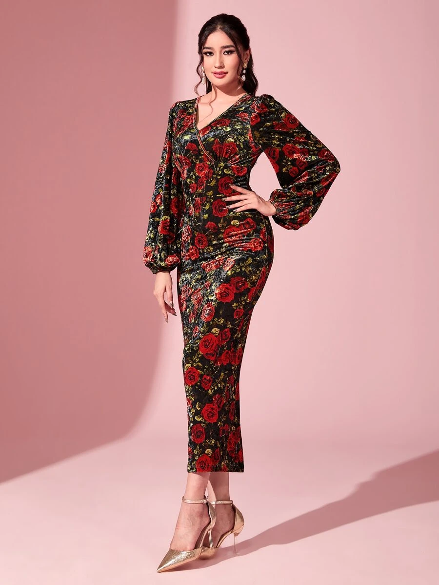 Modelyn Floral Print Lantern Sleeve Split Back Velvet Dress Long Evening Dresses - Multicolor - View 1