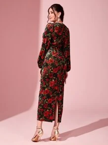 Modelyn Floral Print Lantern Sleeve Split Back Velvet Dress Long Evening Dresses - Multicolor - View 2