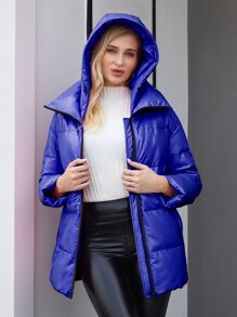 Zip Up Hooded Padded Coat For Winter - Blue - View 8