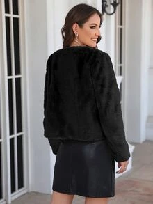RELISH NOLESS Áo khoác ngắn giả lông thú dành cho nữ, áo khoác sang trọng thời trang thường ngày cho mùa thu/đông, màu đen. - màu đen - Xem 2