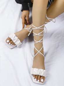 Sandalias de tiras con cocodrilo en relieve con diseño fruncido de pierna con cordón - Beis - Ver 2