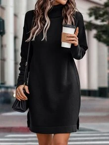 BTFBM 高領落肩袖下擺開叉毛衣洋裝 - 黑色 - 查看 4