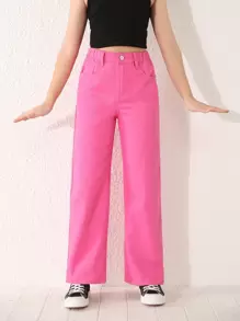 Girls High Waist Wide Leg Jeans - Pink - View 1