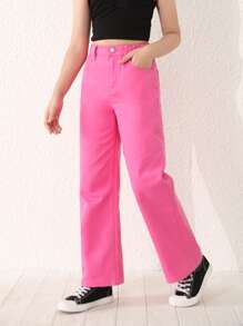 Girls High Waist Wide Leg Jeans - Pink - View 3