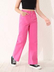 Girls High Waist Wide Leg Jeans - Pink - View 4
