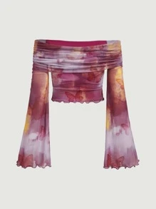 SHEIN MOD Butterfly & Tie Dye Print Lettuce Trim Tee - Red Violet - View 2