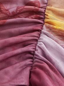 SHEIN MOD Butterfly & Tie Dye Print Lettuce Trim Tee - Red Violet - View 3