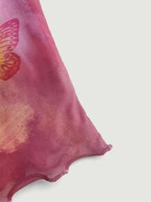 SHEIN MOD Butterfly & Tie Dye Print Lettuce Trim Tee - Red Violet - View 4