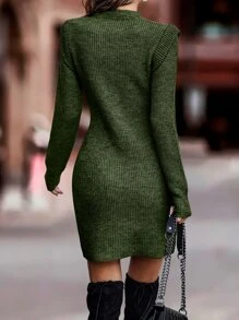 BTFBM Mock Neck Ribbed Bodycon Jumper Dress - Army Green - View 3